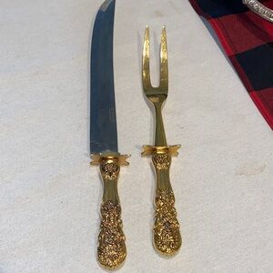 vintage F.B. Rogers "French Rose" 2pc carving set featuring gold-plated handles